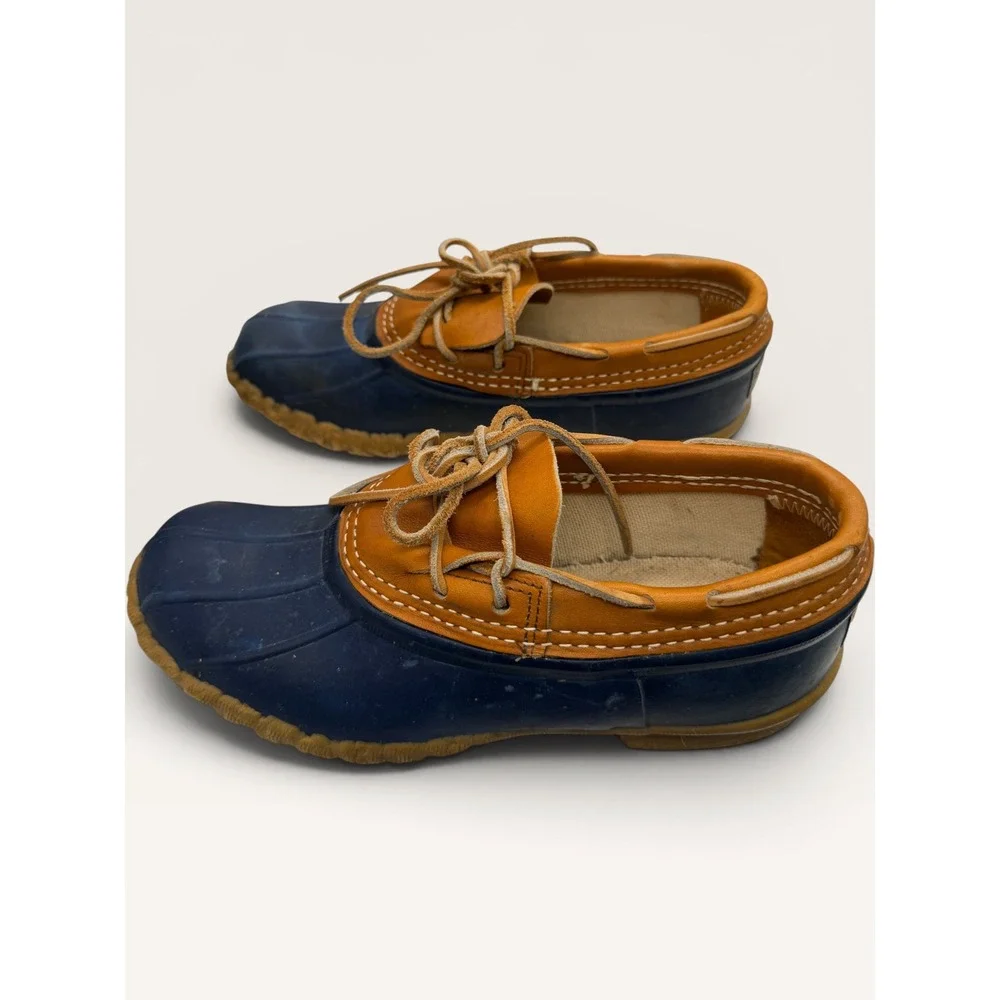 LL Bean Boots Womens 7 Navy Blue Tan Leather Low Gumshoe Duck Boots Made in USA